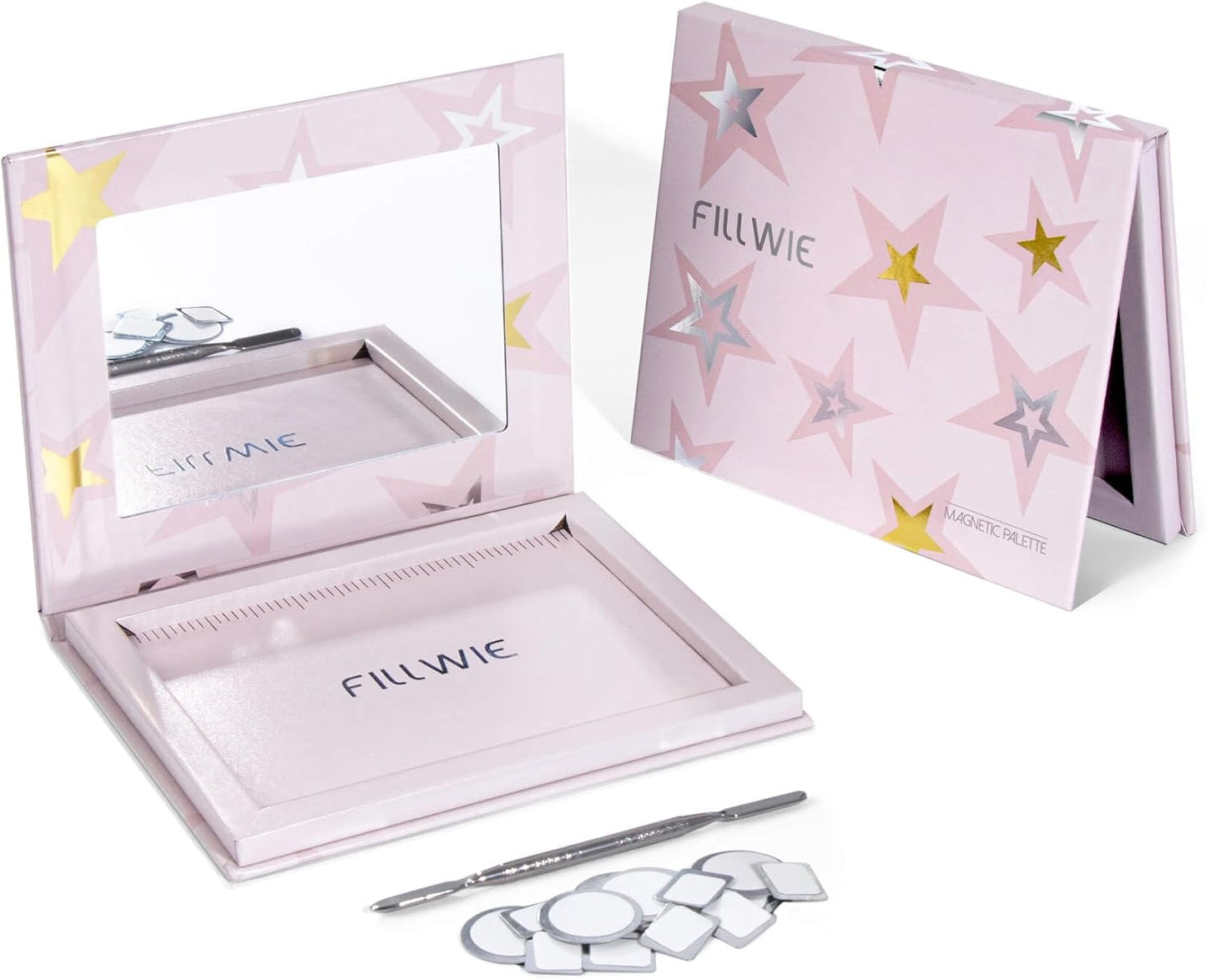 Magnetic Empty Makeup Palette with Mirror – Customizable Refillable Case for Eyeshadow, Blush, Lipstick, Highlighter – Lightweight, Waterproof, with Spatula & 20 Metal Stickers (Pink, Medium)