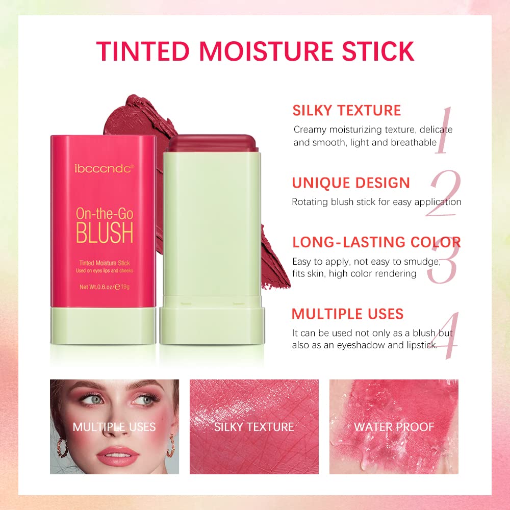Blush Stick Waterproof Matte Finish Long Lasting Pink Red Cheek Lip Make-up Multi Lip Tint Stick Highlighter High Pigment Rouge Blush for Women Lady Daily Lip Cheek Makeup (1#shy pink)