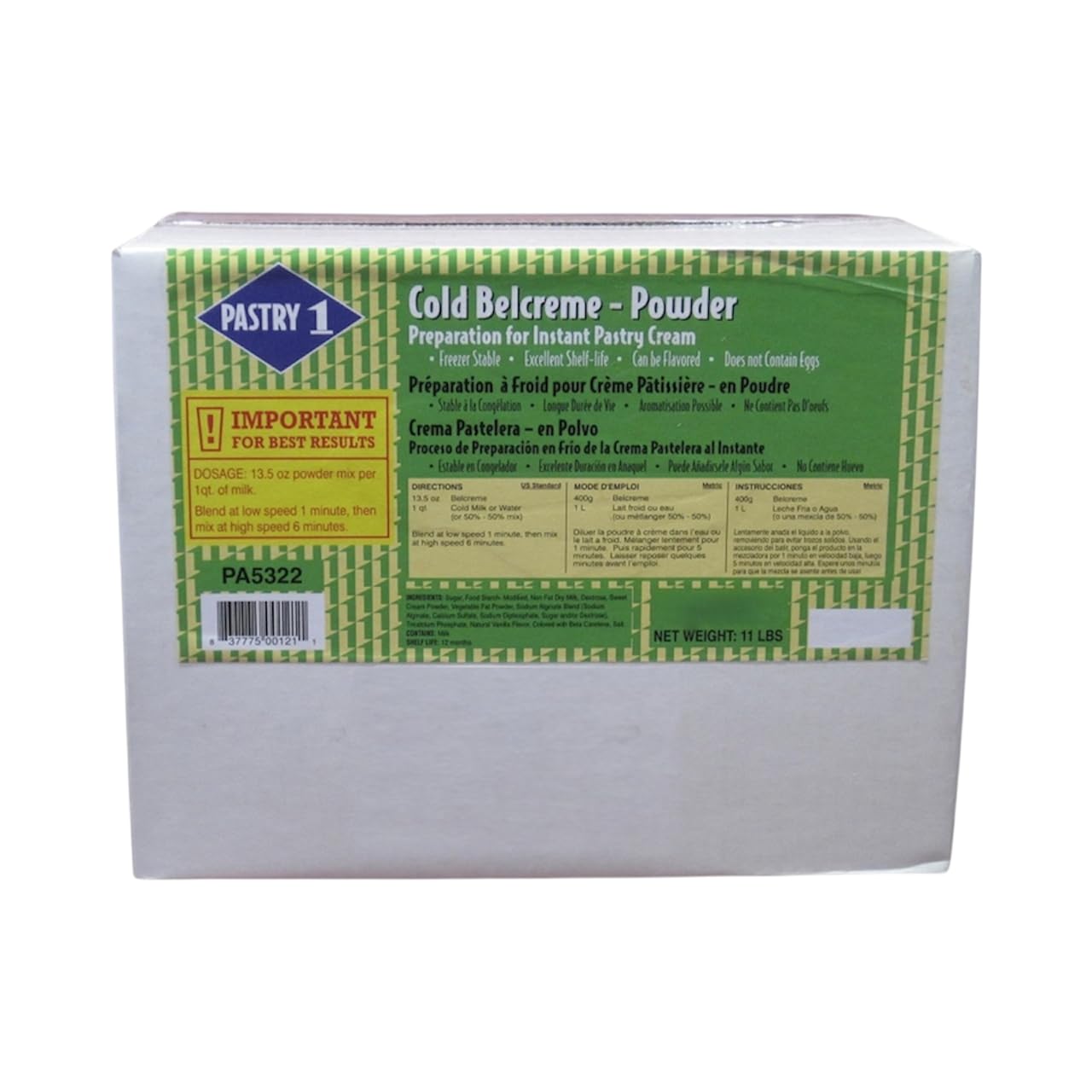 Instant Pastry Cream - Cold Belcreme Powder - 1 bag - 11 lb