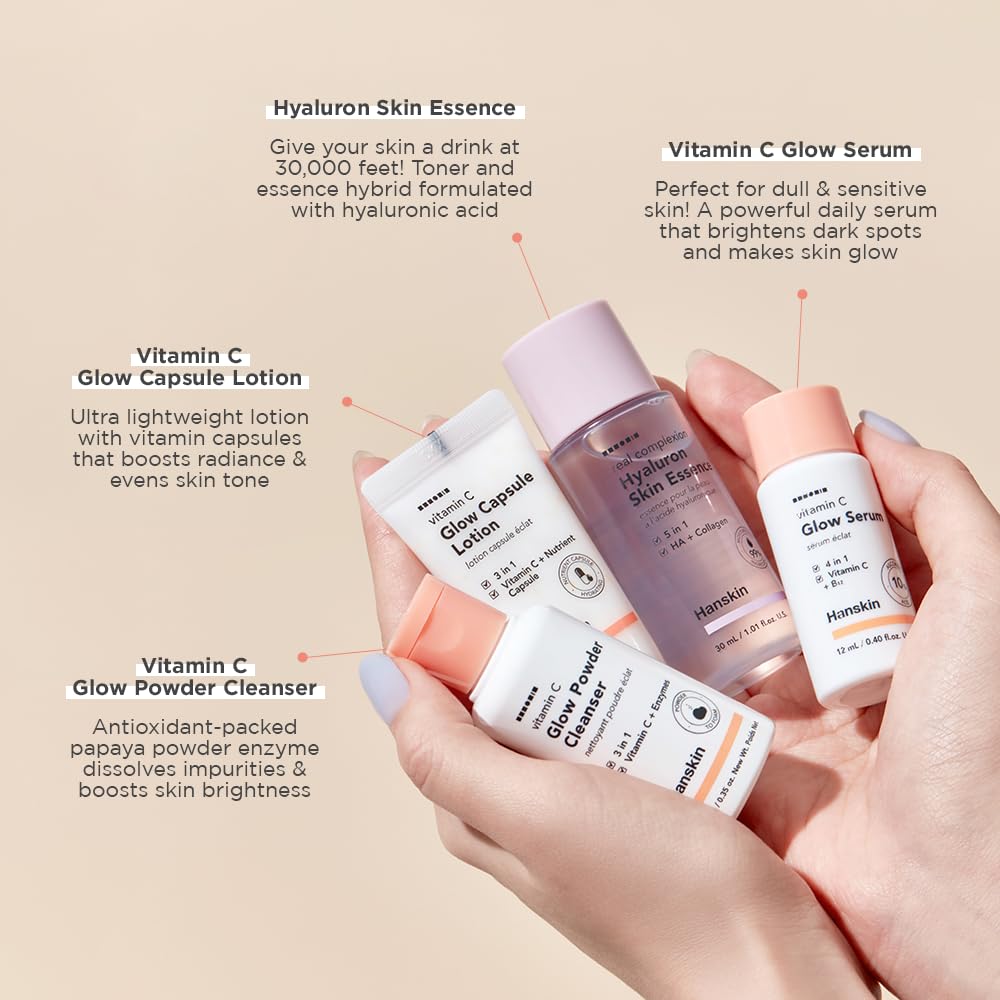 Hanskin Glow Skin On The Go Kit, Set of 4, Essential Travel Skincare Set for Glowing & Nourishing Skin on the Plane, Powder Cleanser Skin Essence and Facial Serum Cleansing Balm