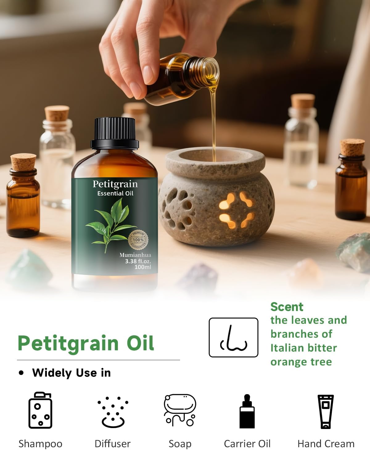 Petitgrain Essential Oil Pure Mumianhua Natural Petitgrain Oil for Diffuser, Humidifier, Skin, Hair, Aromatherapy, Massage, Soap, Candle Making 3.38 Fl Oz