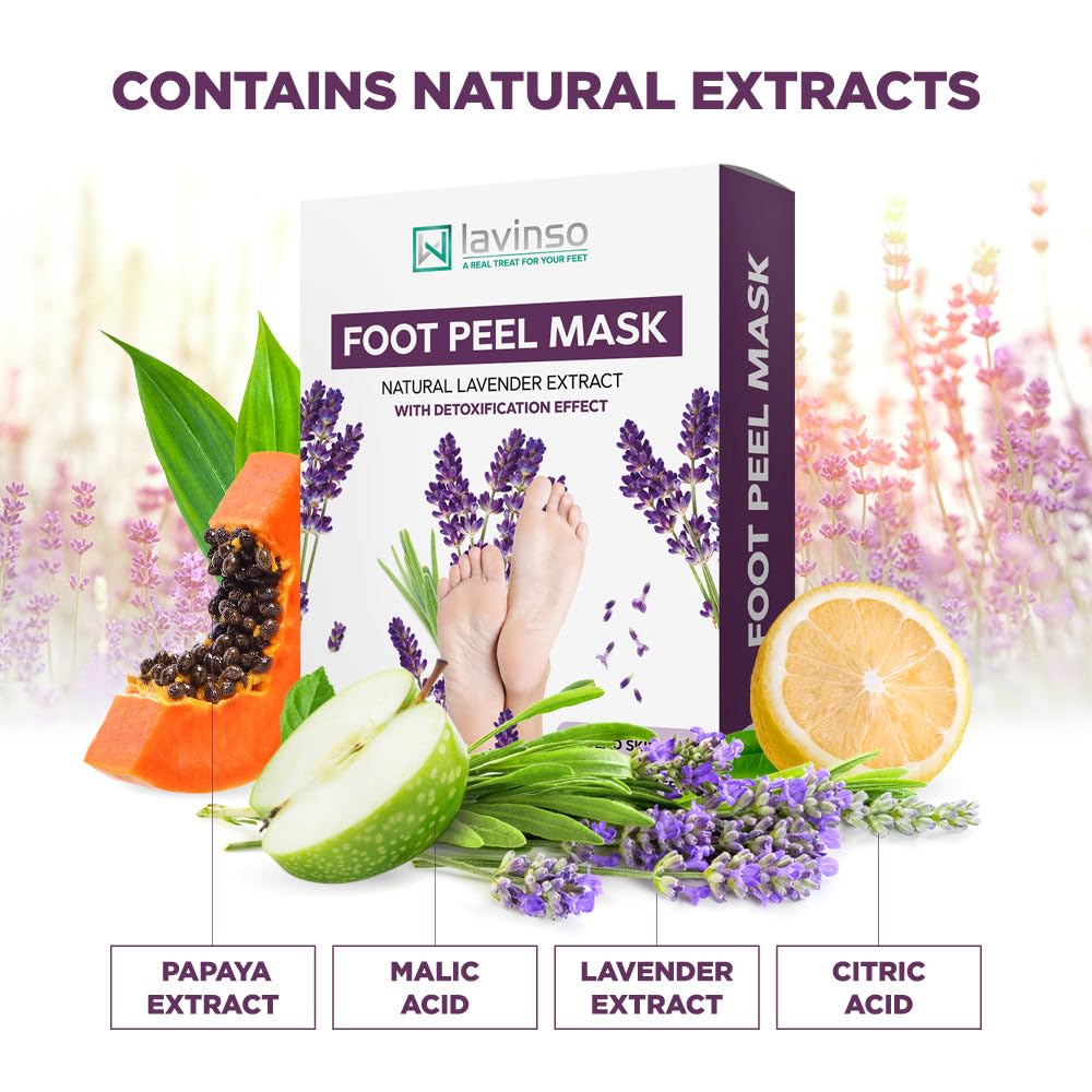 Lavinso Lavender Foot Exfoliator Peeling Mask for Dry Cracked Feet - 3 Pack - Remove Dead Skin and Callus - Foot Peel Mask for Baby Soft Feet