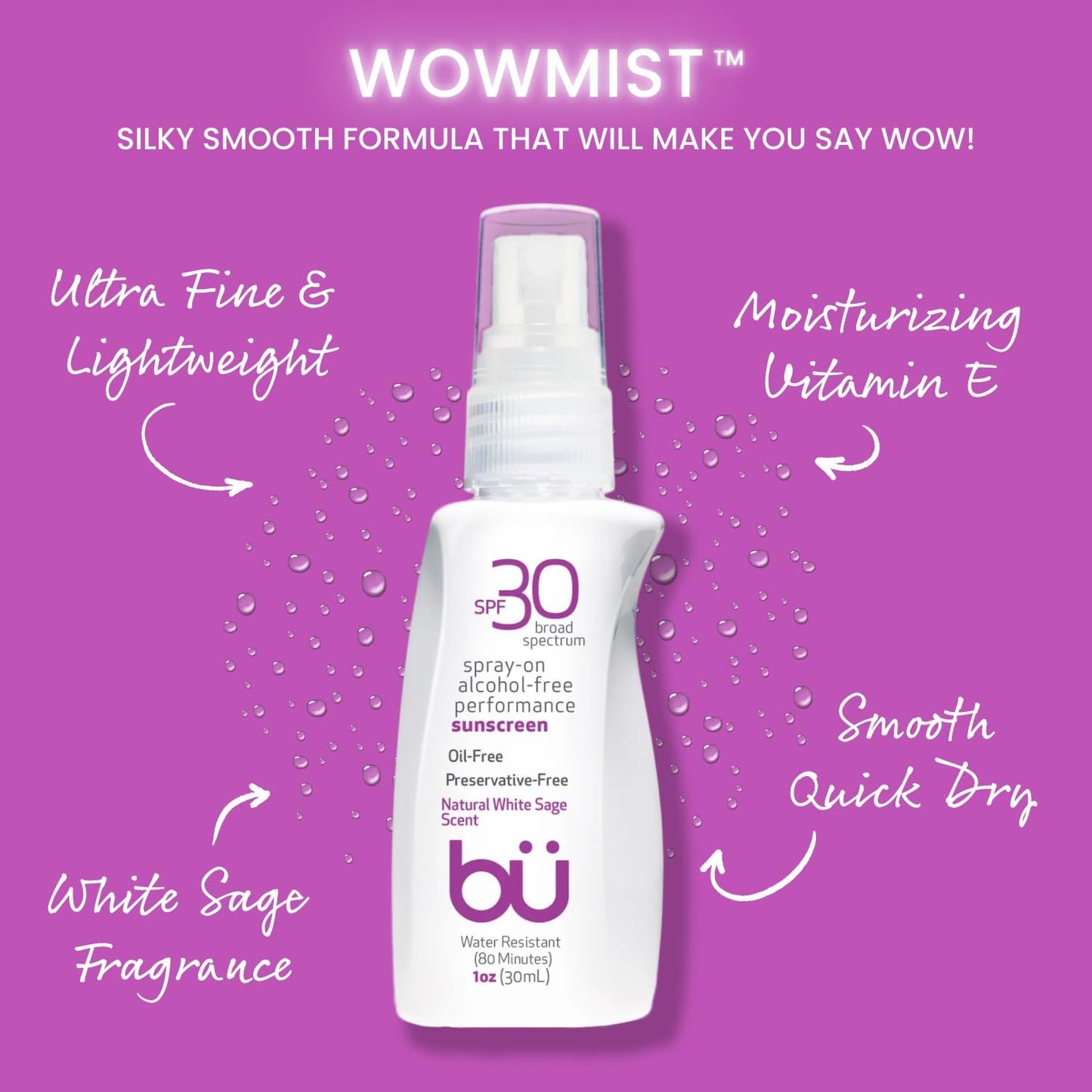 BU SPF 30 Sunscreen Spray for Face and Body, Non Aerosol Spray, TSA Travel Size Sunblock, Clear, Non Greasy, Water Resistant, White Sage 1 oz