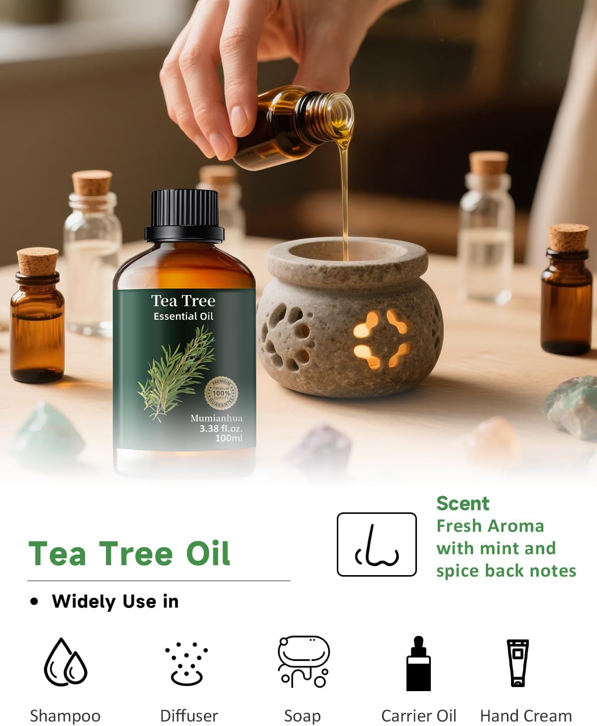 Tea Tree Essential Oil Pure Mumianhua Natural Tea Tree Oil for Diffuser, Aromatherapy, Skin, Face, Toenails, Foot Soak and DIY Soap Making 3.38 Fl Oz