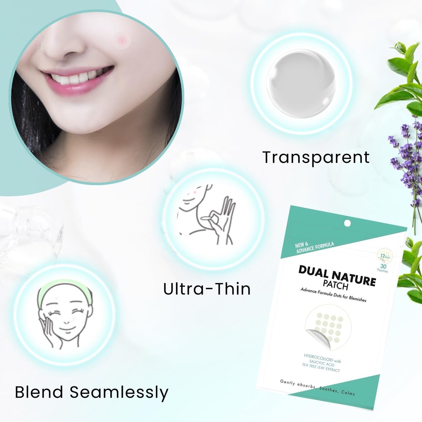 Dual Nature Advanced Formula Hydrocolloid Blemish Patches 12mm - Infused with Tea Tree Leaf, Lavender Extract & Salicylic Acid - Fights Blemishes, Soothe and Calms - Skin All Skin Types (30 Count)