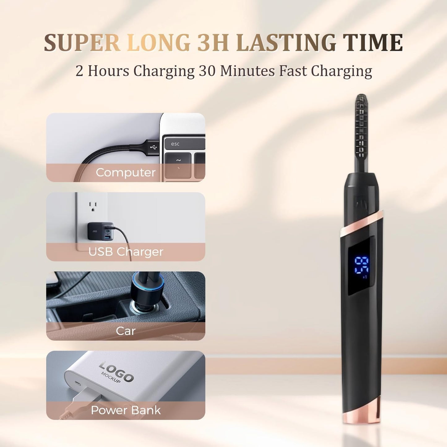 Heated Eyelash Curlers - Rechargeable Electric Eyelash Curler with 4 Heat Settings,Long-Lasting Curling Tool Includes Eyelash Brush,LED Display,Best for Women's Makeup (Black)