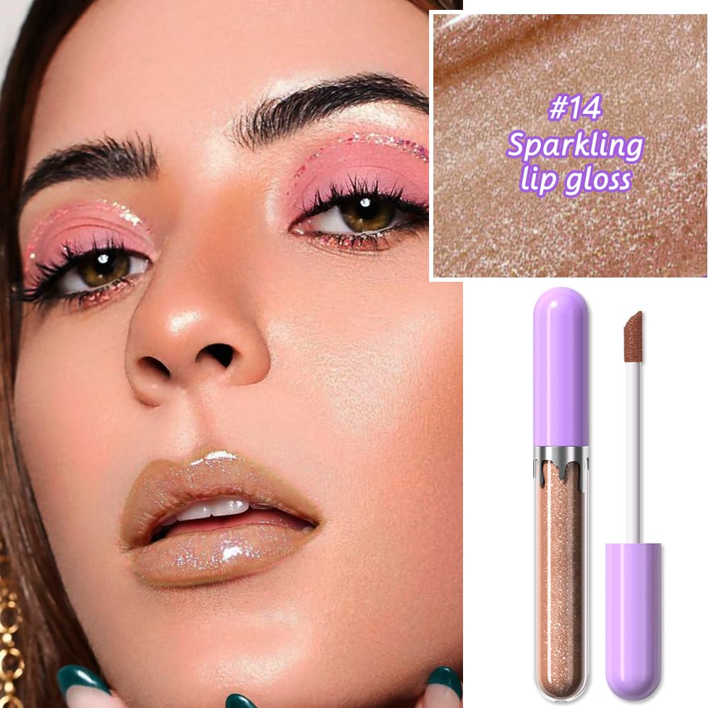 Glitter Liquid Lip Gloss,Bronze Shimmer Lipstick, Waterproof Shimmer Lip Stain Lip Glaze, High Shine Long Lasting Shiny Lip Color Makeup 14#