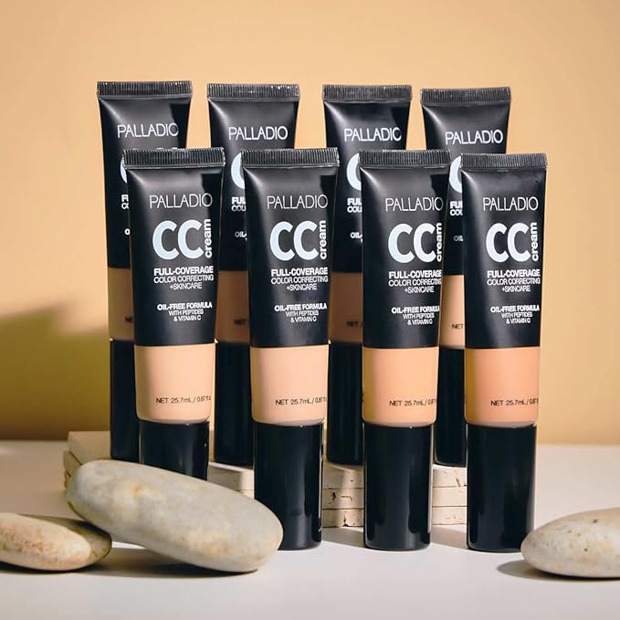 Palladio Full-Coverage Color Correction CC Cream, Oil-Free with Peptides & Vitamin C, Best for Correcting Redness and Uneven Skin Tone, Buildable Foundation Coverage (Med 32W)
