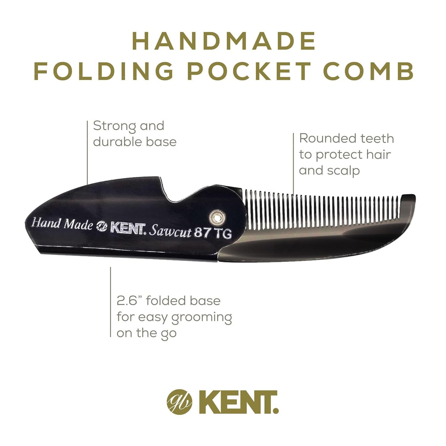 Kent 87T Black Graphite Handmade Folding Pocket Comb for Men, Fine Tooth Hair Comb Straightener for Everyday Grooming Styling Hair, Beard or Mustache, Saw Cut Hand Polished, Made in England (2 Pack)