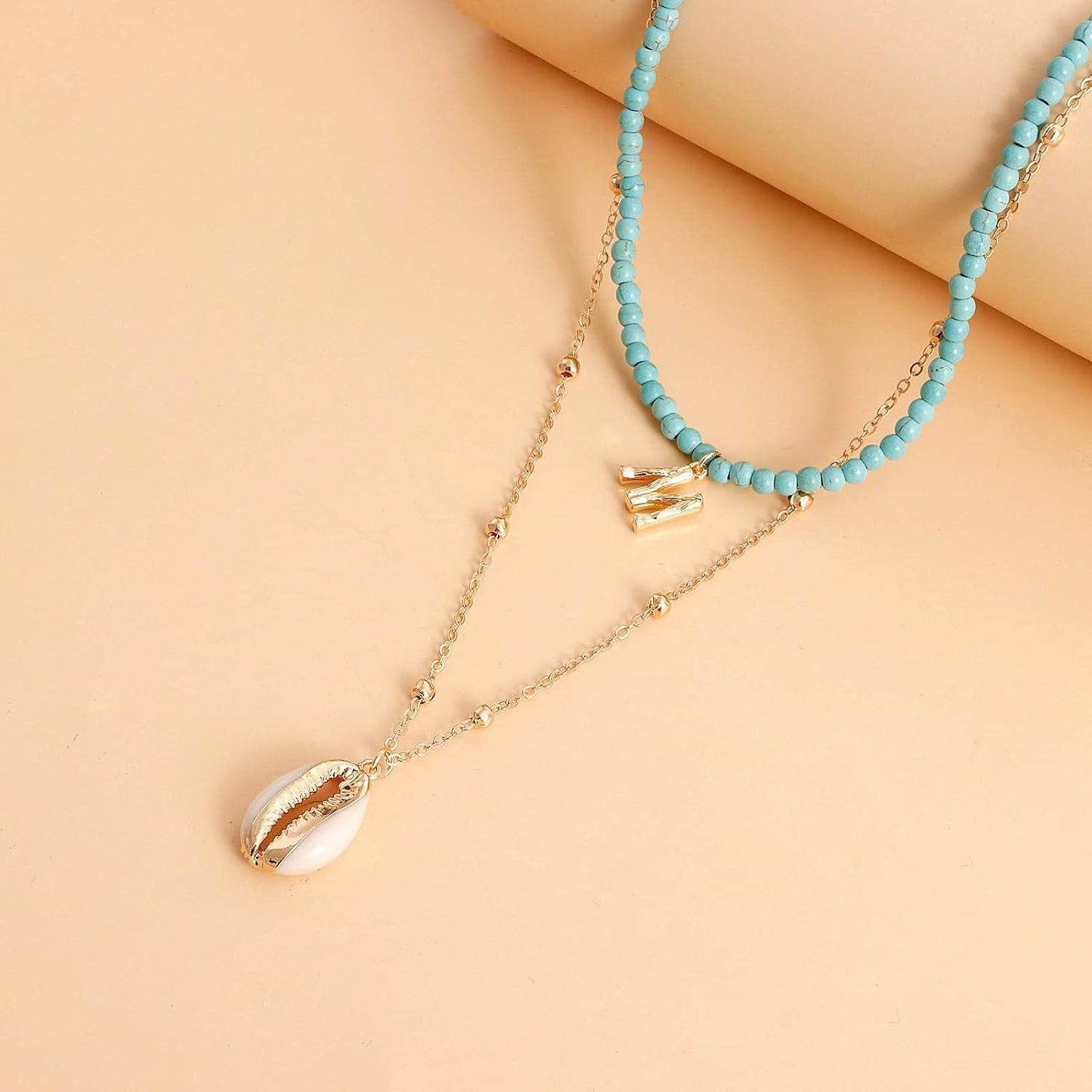 Bohemia Turquoise Beaded Choker Necklace Layered Shell Pendant Necklace Gold Letter Clavicle Necklace Double Layer Satellite Chain Necklace Jewelry for Women and Girls