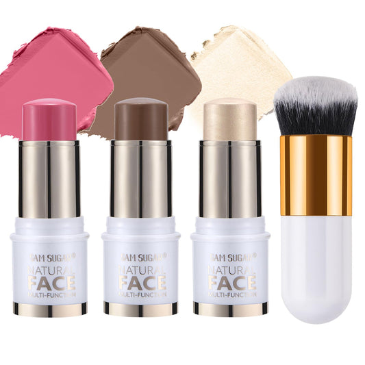 Contour Stick Makeup Kit,3Pcs Bronzer Blush Highlighter Stick Set for Create a Glowing Flawless Look,Non-Greasy Matte Finish Face Stick Trio,Longwear Formula, Include Brush - Medium (#02,05,08)