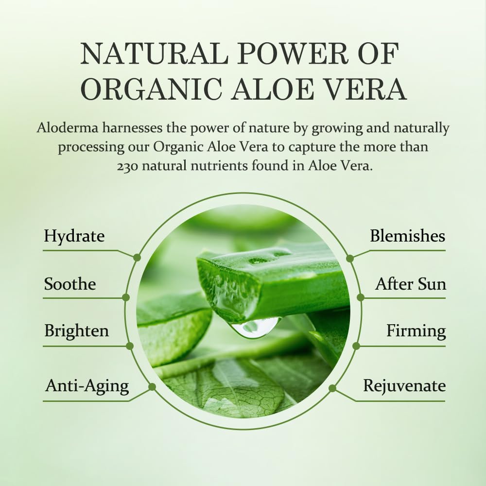 Aloderma 99% Organic Aloe Vera Gel Made within 12 Hours of Harvest - Pump Bottle - Lightweight Aloe Gel for Face and Body, Soothing and Hydrating Sunburn Relief, Great for Scalp & Hair - 6 x 10.6oz