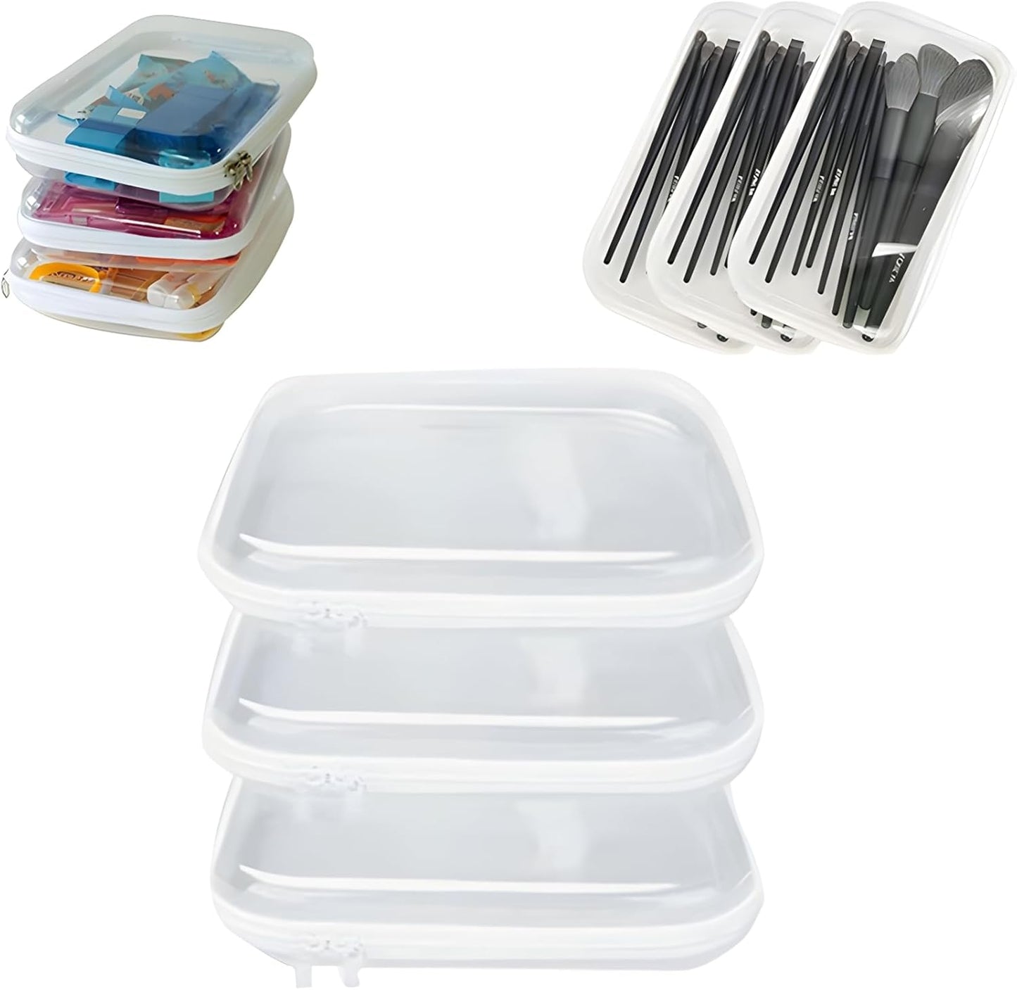 3 Pcs Zippered Transparent Cases，Clear Hard Pouch，Portable Double Zipper Hard Bag,Waterproof Clear Hard Shell Zipper Case for Cosmetic Storage, Snacks, Pencil Case (Small*3)