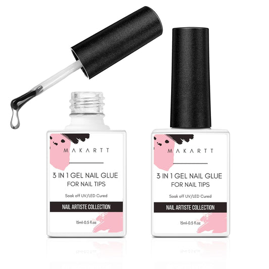 Makartt Gel Nail Glue: 3 in 1 Nail Glue Acrylic Nails Extension Super Strong Adhesive Bond Long Lasting Brush on Glues for Tips, Base Coat & Slip Solution, & Stick Rhinestone, Curing Needed, 2pcs 15ml
