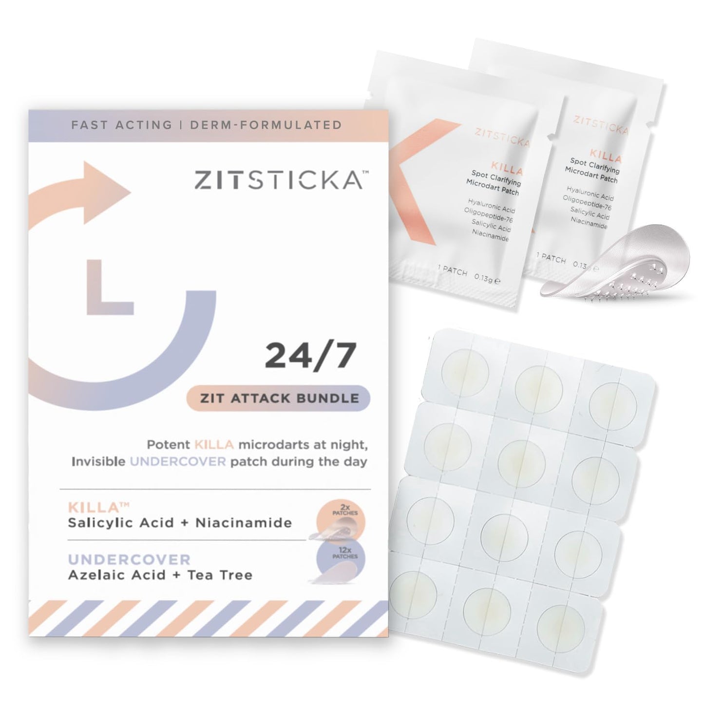 ZitSticka Invisible Pimple Patches for Face, Hydrocolloid Patches, Ultra-Thin Clear Azelaic Acid & CICA Blemish Patches, Pimple Stickers (24/7 Attack Bundle 14 Pack)