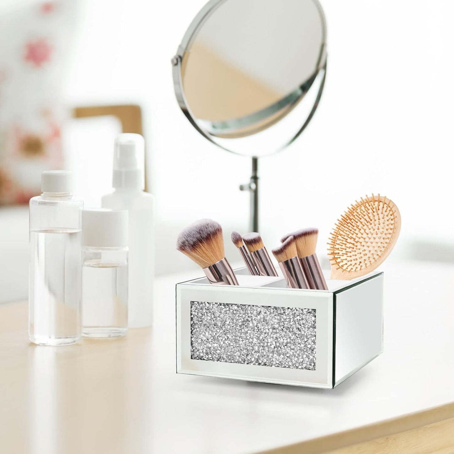 SWTHONY 360 Rotating Makeup Brush Holder Organizer, Silver Bling 4 Slot Crushed Diamond Glass Mirrored Cosmetic Brushes Storage, Eyeliners Eyebrow Pencil Display Case