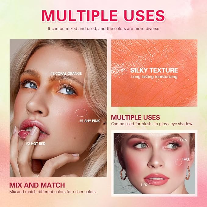 Soft Creamy Blush Stick, Multi-use Makeup Blush Stick for Cheeks and Lips Tint, Waterproof Solid Moisturizer Stick, Natural Smooth Blendable Matte Finish Face Blush Makeup,02 Hot Red