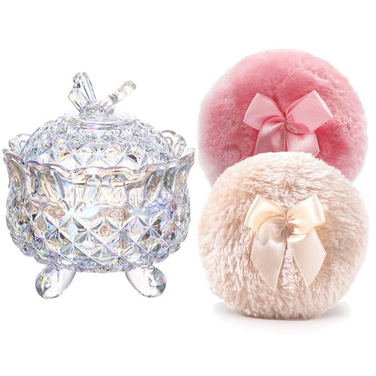 Luxury 4 Inch Glass Powder Container with 2 Soft 3.5" Puffs｜Non-Sealed Refillable Organizer for Body Powder,Makeup & Jewelry｜Setting Powder Applicator w/ Loose Powder Storage(Butterfly-Dazzling Color)