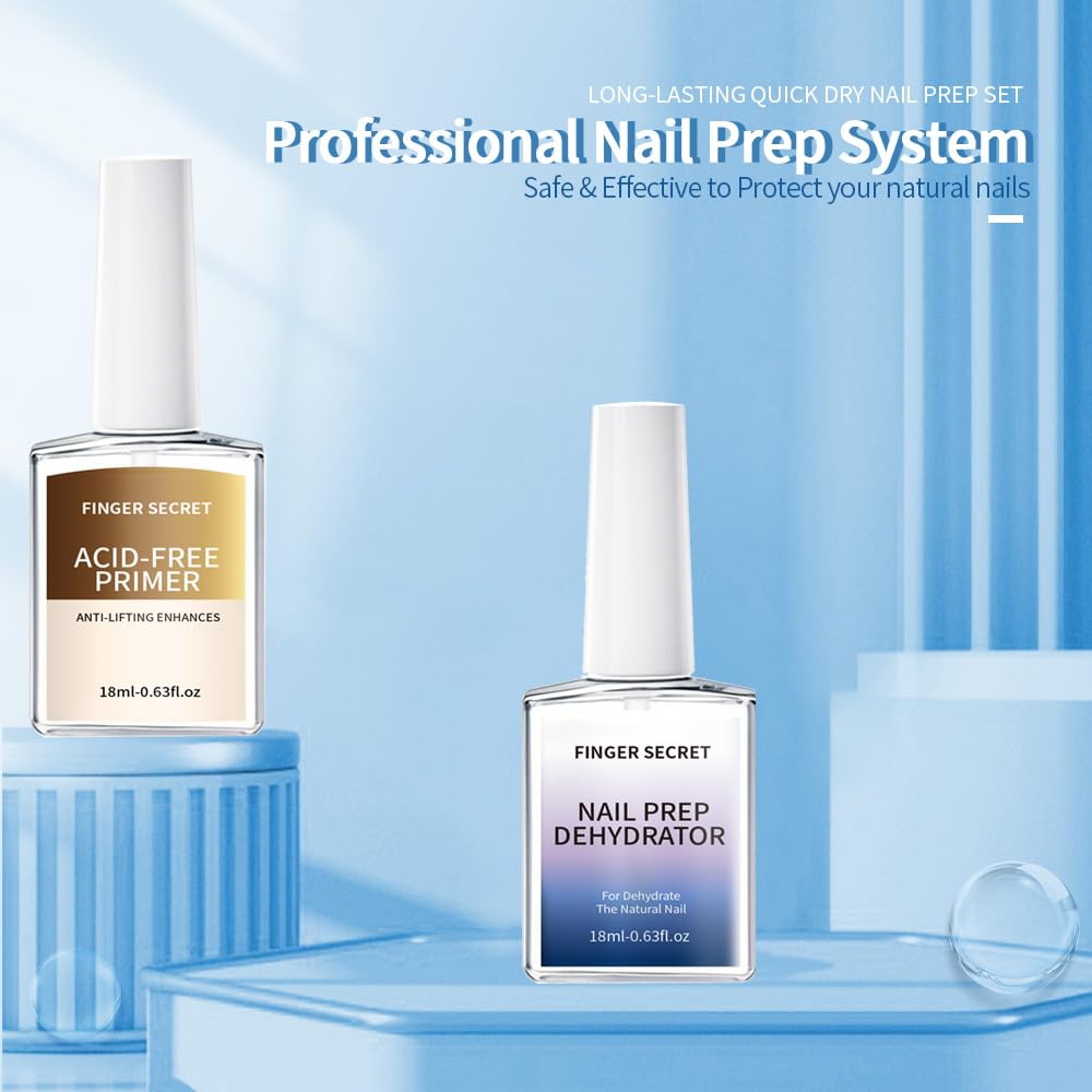 FINGER SECRET Nail Dehydrator and Primer, Professional Natural Nail Prep Dehydrate and Acid-Free Primer,Quick Dry Gel x Bonder Primer Gel Nail Polish Primer for Acrylic Tips Bond Aid Press Nails