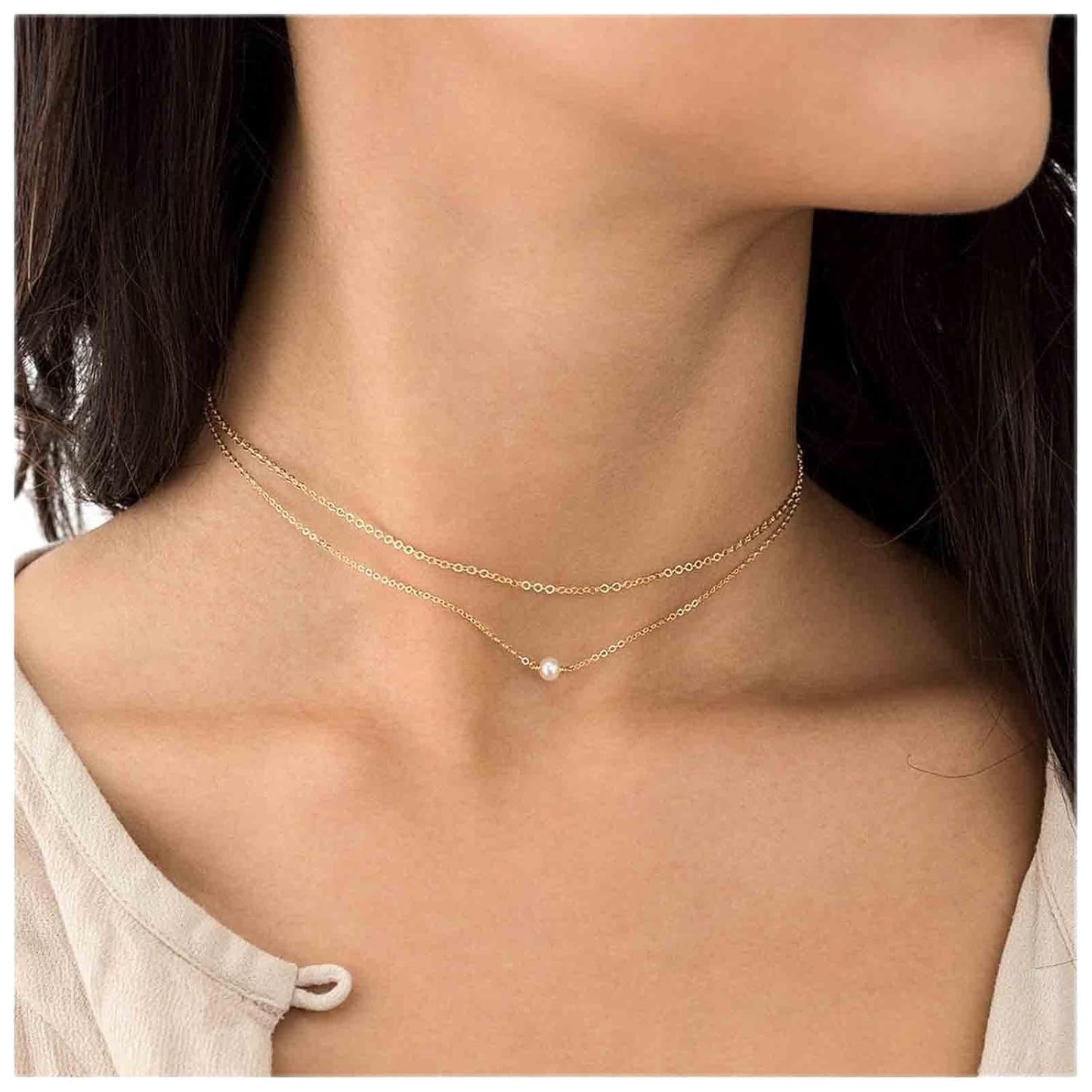 Boho Layered Pearl Choker Necklace Gold Pearl Pendant Necklace Tiny Dot Layering Necklace Vintage Necklace Chain Jewelry for Women and Girls Gifts