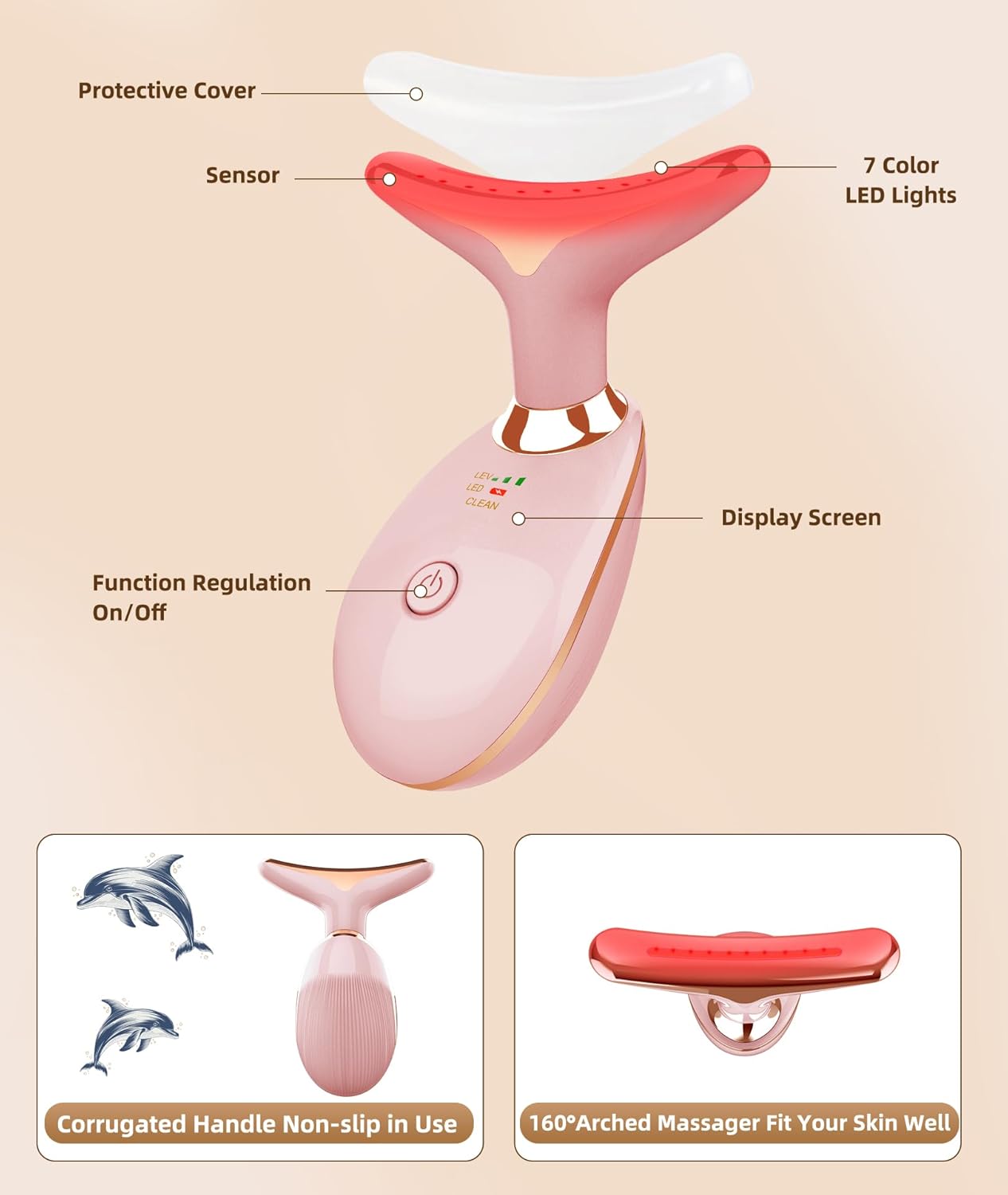 7 Color Face and Neck Massager Light Therapy, Red Light Based Facial Massager for Skin Care, Firming, Smoothing (Rose Golden)