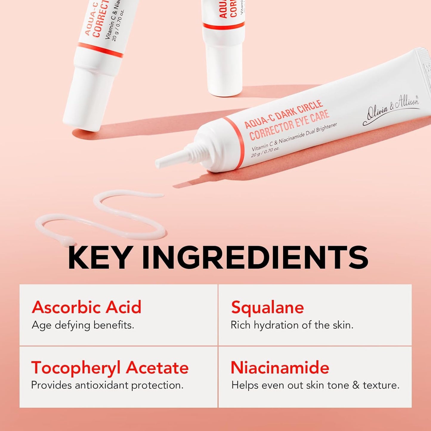 Olivia & Allison Dark Circle Corrector Eye Serum - Vitamin C, Squalane & Niacinamide for Brightening & Revitalizing (0.70 oz)