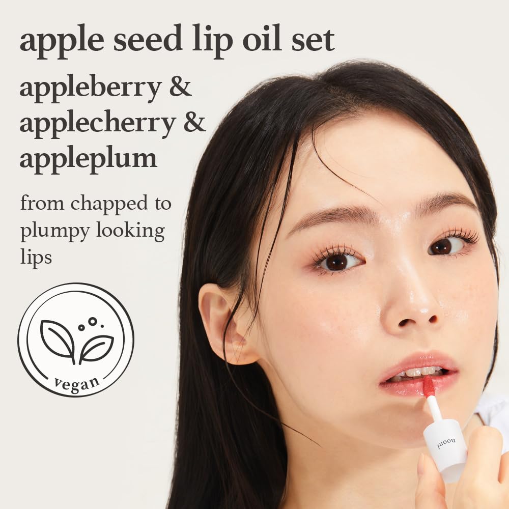 NOONI Vegan Appleseed Lip Oil Set - Appleberry & Applecherry & Appleplum | Long-Lasting, Moisturizing, Plumping, Revitalizing for Dry Lips, Waterproof, No Peel Off, 0.12 FL Oz x 3ea