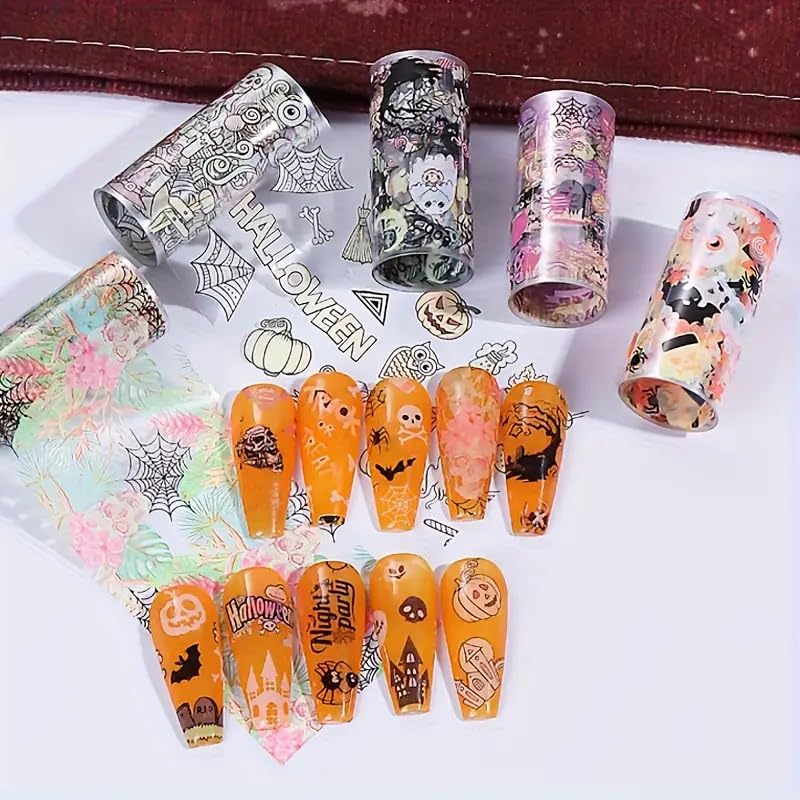 Halloween Nail Foils Transfers - Ghost Pumpkin Skull Bat Spider Web Black Cat Design, Gold & Holographic Foil Stickers for Nail Art, Manicure Decals for DIY Acrylic Nails, 10 Sheets