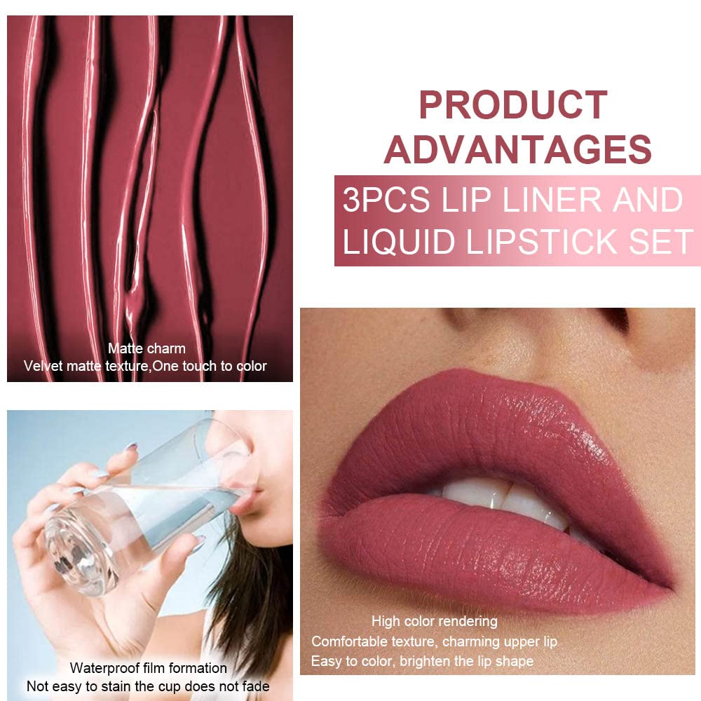 evpct 3Pcs Mauve Neutral Light Rosey Nude Blue Red Matte Liquid Lipstick and Lip Liner Stain Sets for Women, Long Lasting 24 Hours Matte Lipstick labiales matte larga duracion 24 mate originales