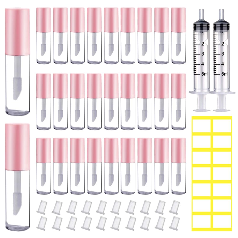 AMORIX 50PCS Mini Lip Gloss Tubes with Wand 1.2ml Empty Lip Gloss Containers Refillable Travel Lip Balm Tubes for Samples with 5ml Syringes DIY Lip Gloss Base + Labels (Pink)