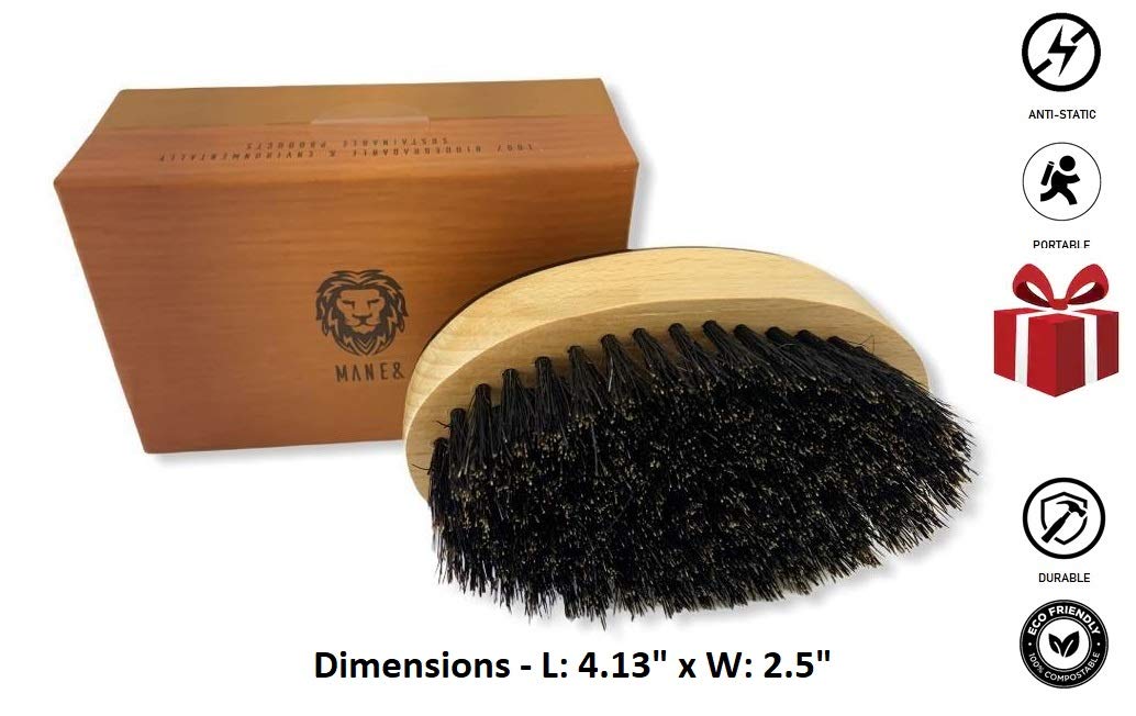 Man & Mane Premium Handmade Oxhorn & Beechwood Military Style Medium Stiff Natural Boar Bristle Men’s Hair Brush for Facial Hair & Beard Care