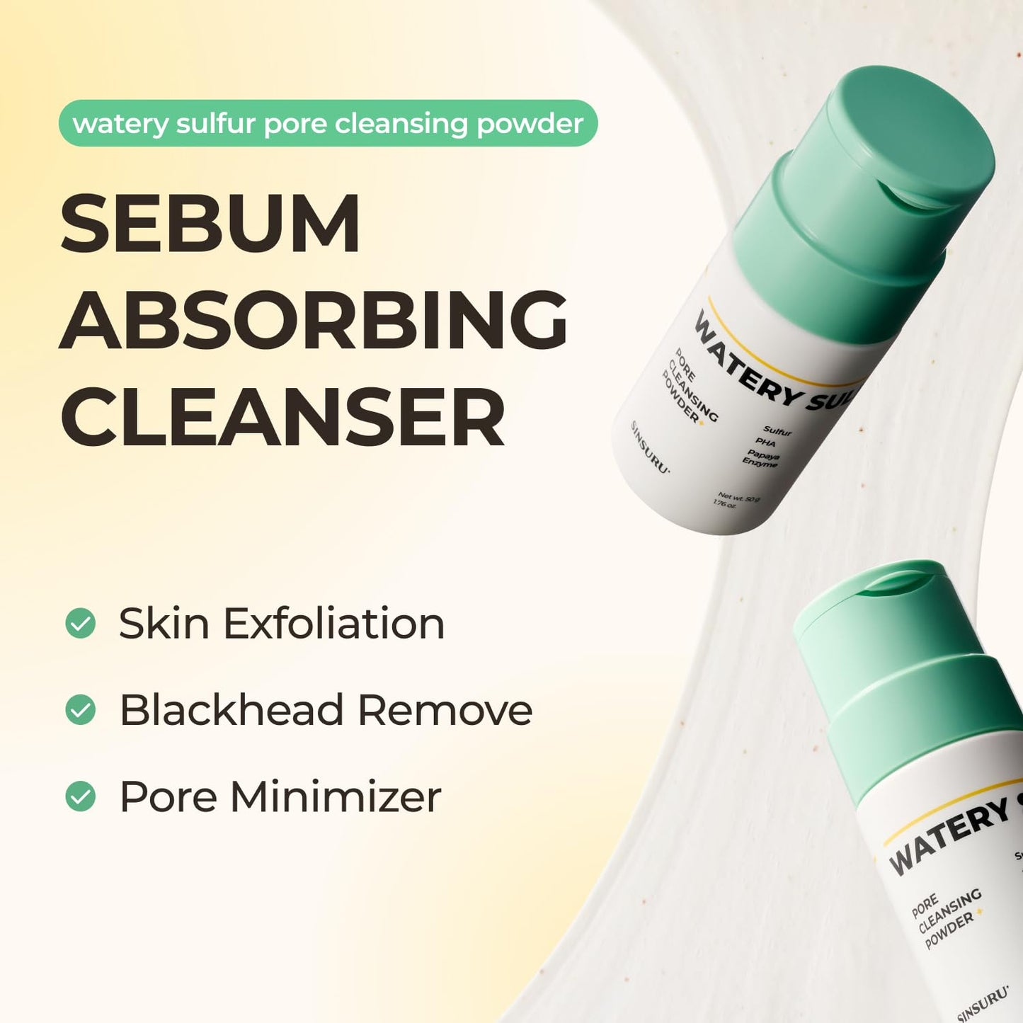 Watery Sulfur Pore Cleansing Powder, Korean Enzyme & Rice Powder & PHA Face Wash for Blackhead Removal, Sensitive and Acne-Prone Skin, Radiant Glow, Bumpy skin (1.76 oz / 50g)