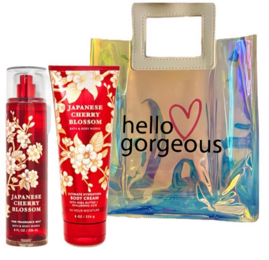 White Barn - Bath and Body Works - Gift Set 2 Piece Bundle - with Gift Bag HELLO GORGEOUS (Japanese Cherry Blossom)