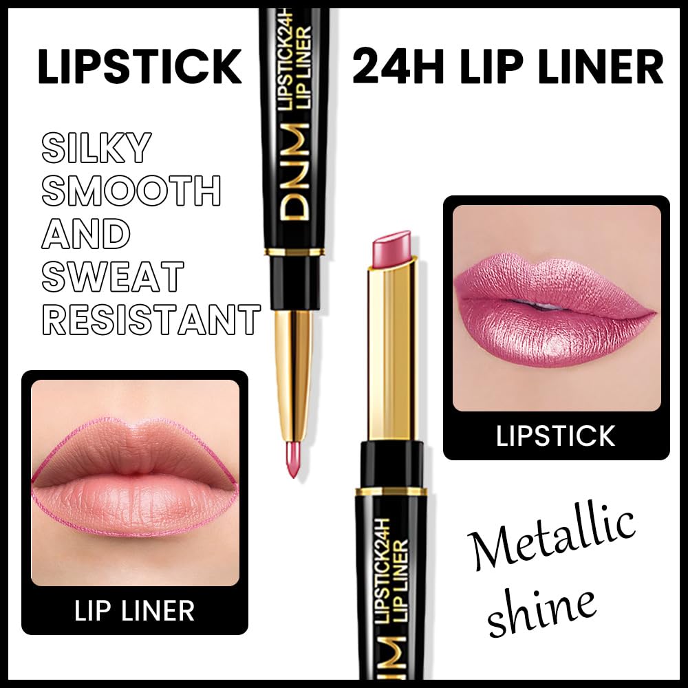 evpct 1Pcs Rose Pink Metallic Shine Shimmer Lip Liner and Lipstick Combo Set Kit for Women, Lightweight Hydrating Formula High Impact Full Coverage Lipstick and Lip Liner Makeup Stains Gloss, 21#