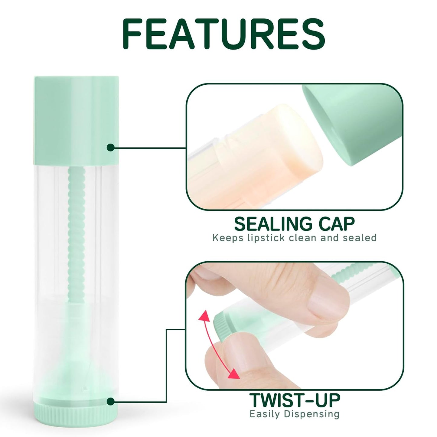 JuLand 50 Pack Empty Lip Balm Containers Bulk 5.5ml - Clear Twist-Up Tubes with Green Caps, Refillable Chapstick Tube for DIY Lip Balm Making