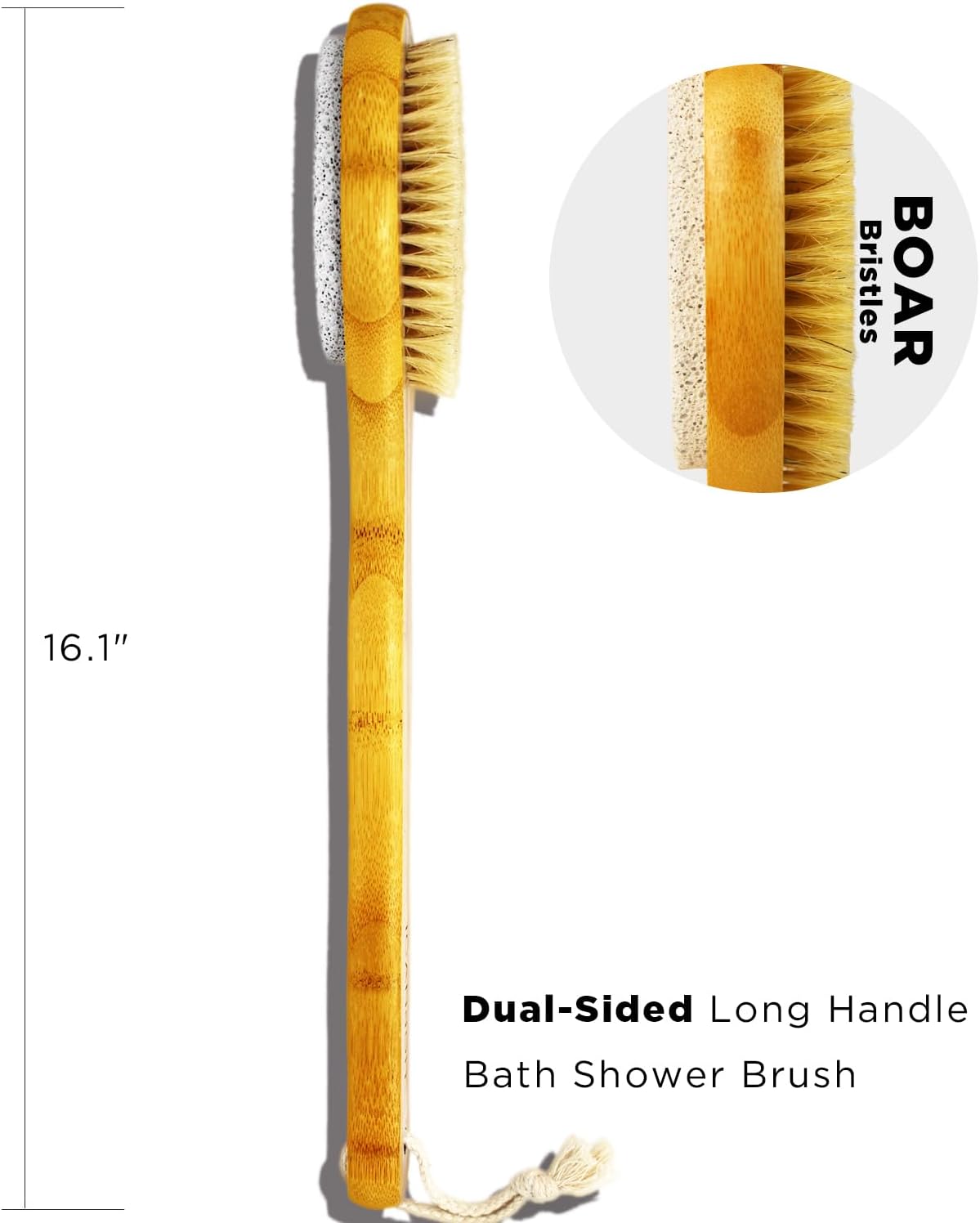 ICANdOIT 2 in 1 Long Handle Bath&Shower Brush,Bath Scrubber,Boar Bristle with Pumice Stone Exfoliate & Soften Skin,Dry Brushing Body Brush for Cellulite&Lymphatic Drainage
