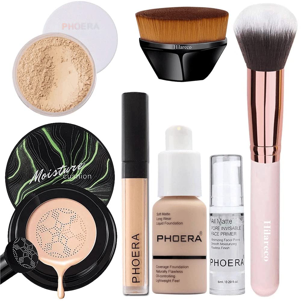 Mushroom Head Air Cushion CC Cream Natural Foundation,PHOERA Foundation,PHOERA Concealer, PHOERA Primer, PHOERA Powder, Kabuki Makeup Brushes Foundation (101 Porcelain+01 Ivory CC)