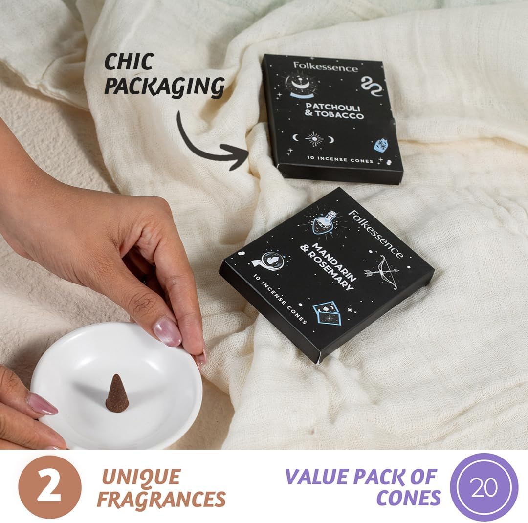 Folkulture Incense Cone Scented | Set of 2 Inscents-Cones (20 Cones) | Mandarin and Rosemary, Tobacco & Patchouli | Variety Pack Insence Cone for Relaxation and Meditation | Insenses for Home