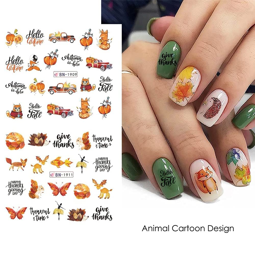 Fall Maple Leaf Nail Art Stickers Autumn Nail Art Water Decals Transfer Nail Supplies Maple Leaves Turkey Pumpkin Design Slider Sticker for Women Acrylic Nail Fall Thanksgiving Nail Decorations 12 PCS