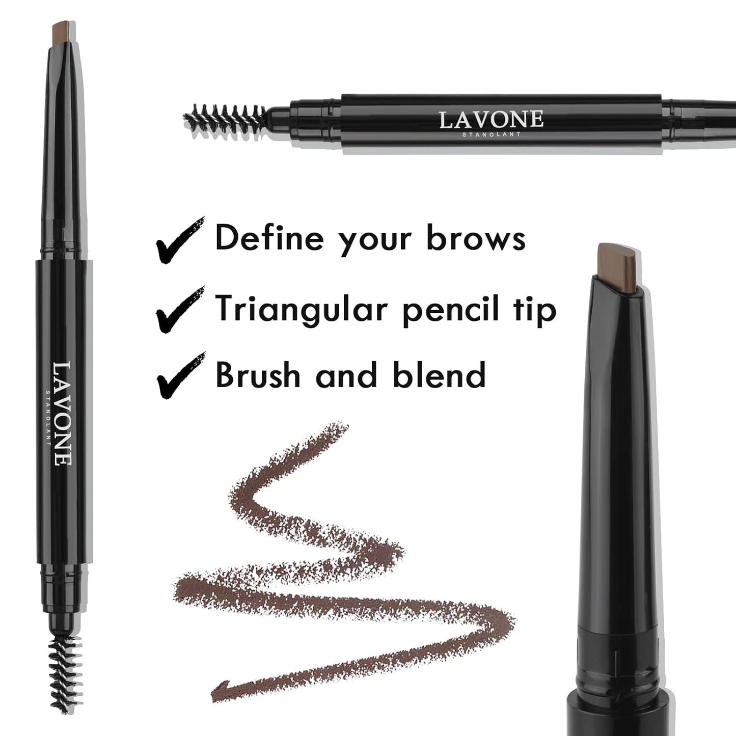 LAVONE Eyebrow Stamp Stencil Kit - Brow Stamp Trio with Waterproof Eyebrow Pencil, Pomade, 20 Stencils, Dual-ended Brush and Sponge Applicator - Chocolate