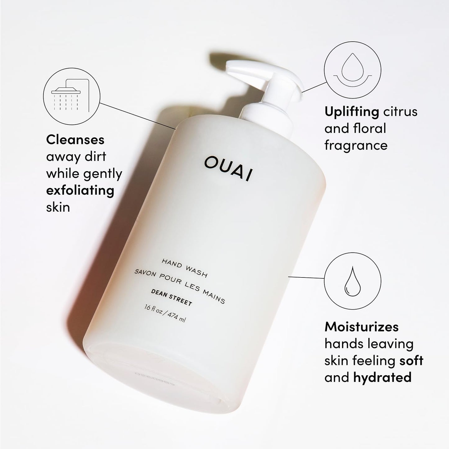 OUAI Hand Wash, Dean Street - Liquid Hand Soap with Jojoba, Avocado, & Rose Hip Oil for Replenished Skin - Gentle Exfoliating Kitchen & Bathroom Soap (16 Fl Oz)
