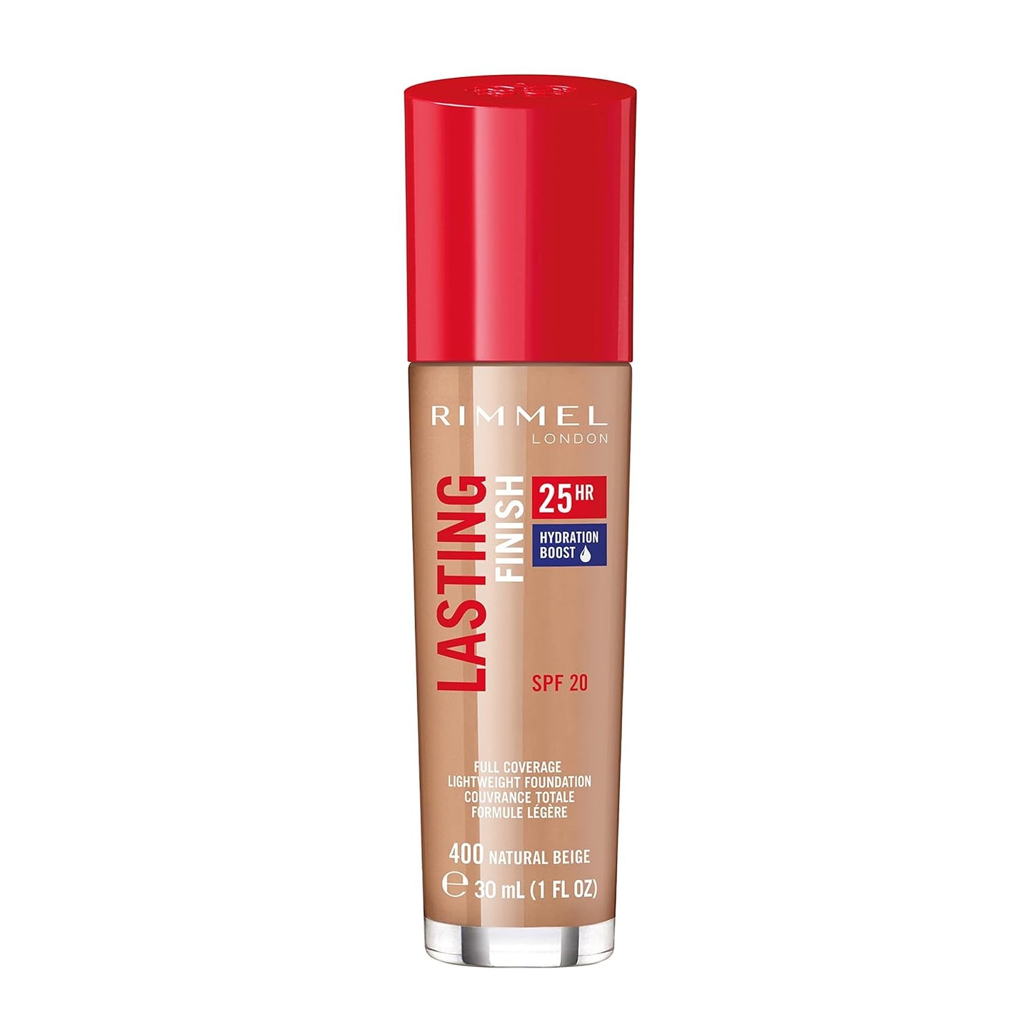 Rimmel London Lasting Finish 25HR - 400 Natural Beige - Foundation, 25-Hour Wear, Full Coverage, Waterproof, 1oz