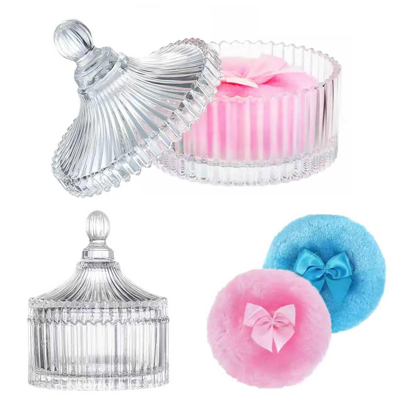 3 Pcs Large Body Powder Puff and Container, Powder Container with Puff, Velour Dusting Powder Puff with Crystal Case, Washable Reusable Puff for Women Baby Bath Travel Glitter Wet Dry Makeup