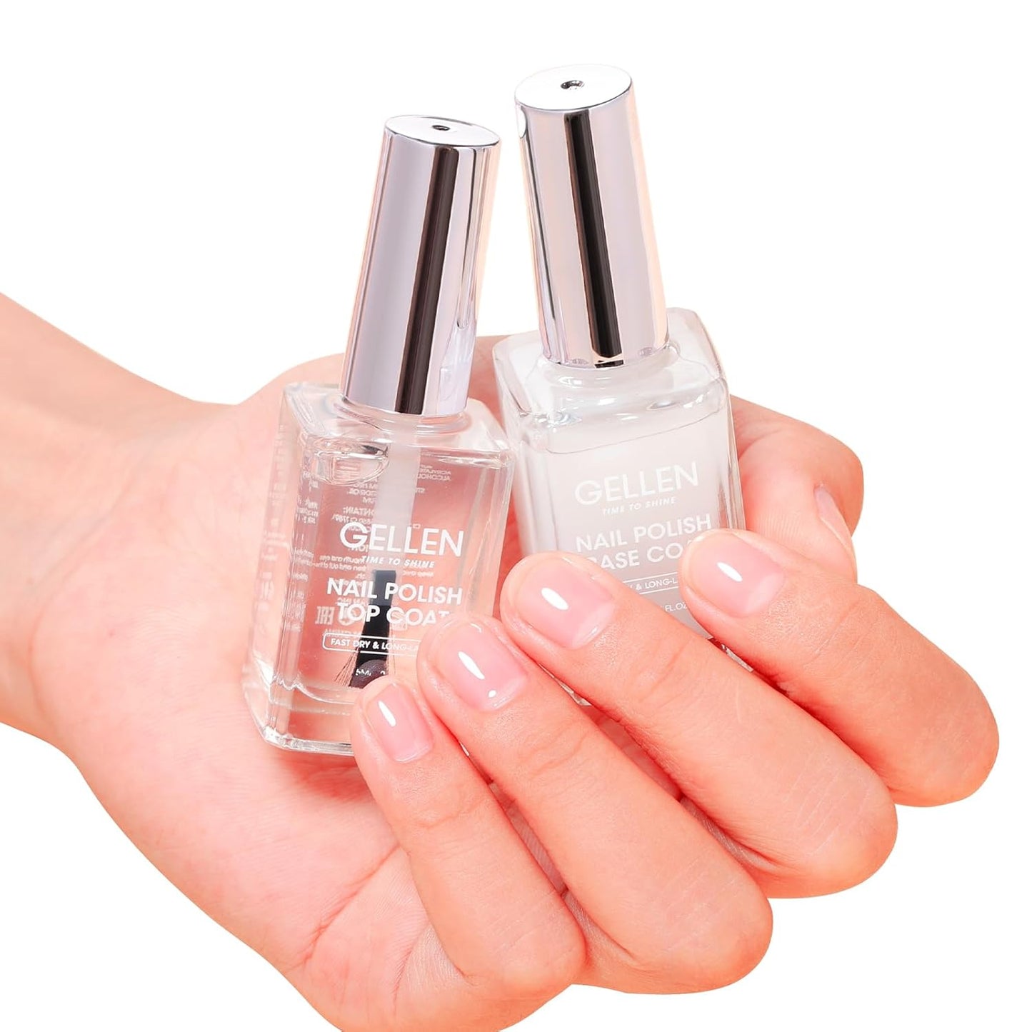 GELLEN Clear Nail Polish Base and Top Coat, Shine No Wipe Top Coat and Tinted Milky White Sheer Base Coat Strengthens Nails - Calcium, Quick Dry Regular Nail Polish, Not UV Gel, Hema Free, Non-toxic