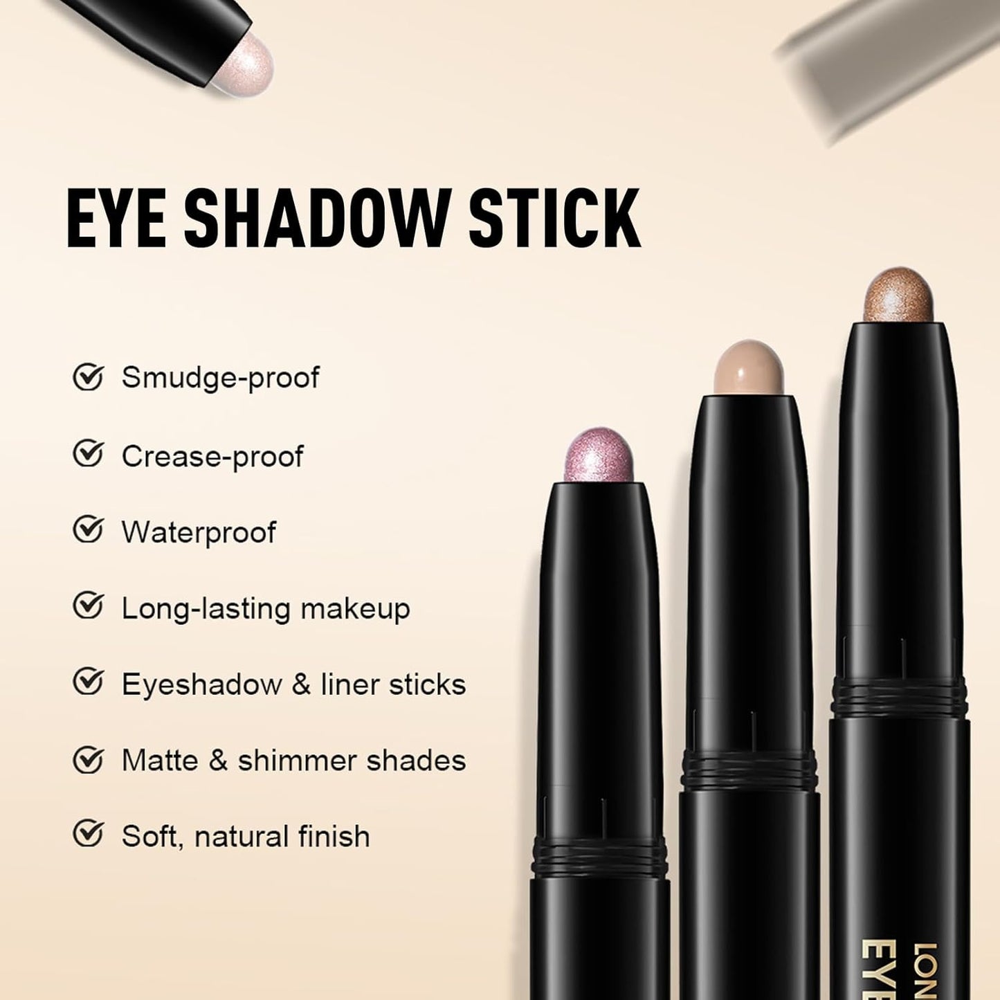 Black Shimmer Eyeshadow Stick, Waterproof Cream Eye Shadow Pencil Long-Lasting Crease-Proof Glitter Eyeshadow Crayon Smooth High Pigmented Highlighter Blendable Neutral Eye Shadow Liner Makeup