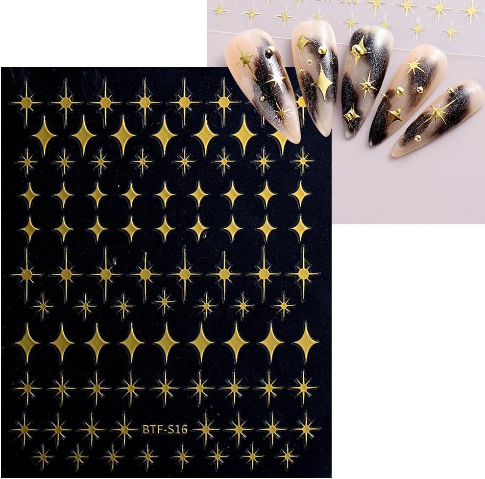 12 Sheets Star Nail Art Stickers 3D Self Adhesive Gold White Black Star Design Nail Art Decal Accessories for Women Acrylic Manicure DIY Decoration