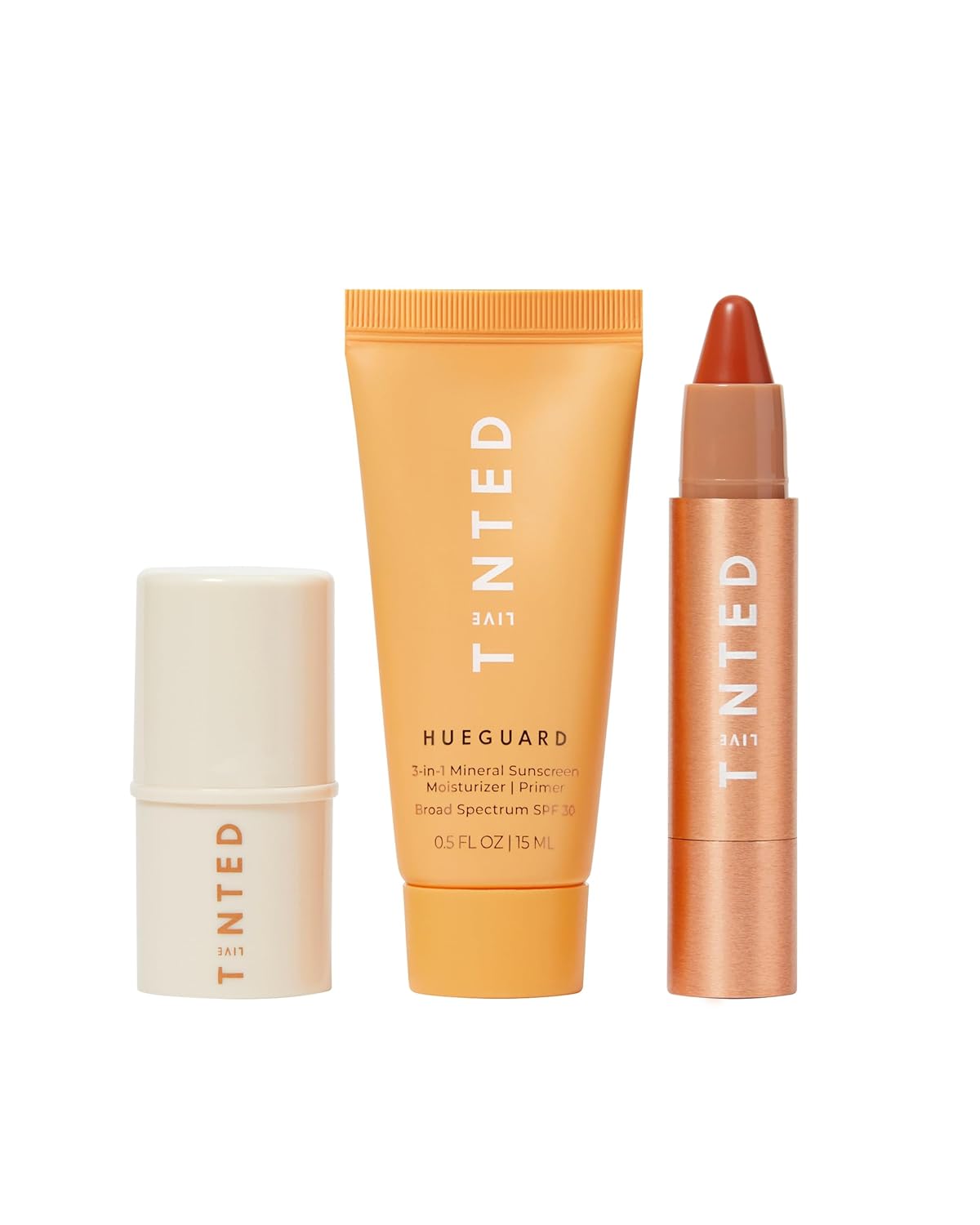 Live Tinted Hyperpigmentation Essentials Glow Up Set: Includes Mini Superhue Hyperpigmentation Serum Stick, Mini Hueguard 3-in-1 Mineral SPF 30, and Full-sized Huestick in Rise, 3-Piece Set