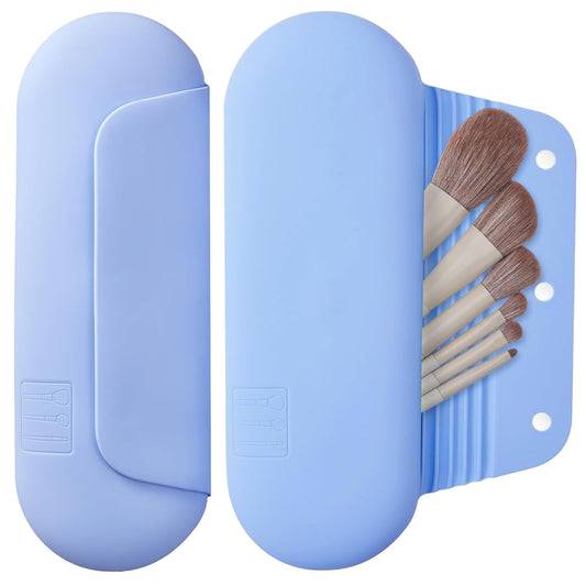 Silicone Makeup Brush Holder Travel Cosmetic Bag：Soft Portable Cosmetic Face Brushes Holder with Upgrade Anti-Fall Out Magnetic Closure, Large Travel Makeup Brush Case - Blue