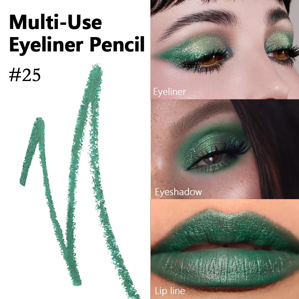 evpct Green Glitter Eyeliner Pencil for Eyes, Dark Forest Green Metallic Shimmer Eye Liner Pencil Makeup Waterproof Smudge Proof, Colored Gel Waterline Eyeliner, Face Eye Paint Stick Halloween Makeup