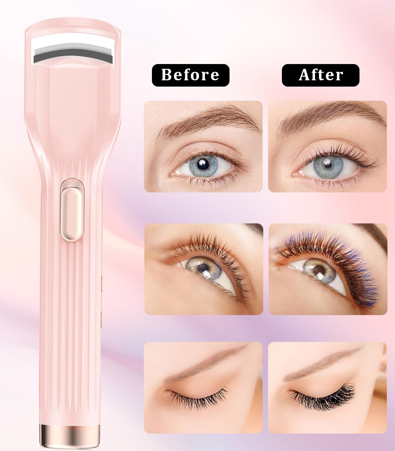 Heated Eyelash Curler Premium PRO - Fast Heat up in 8s - 24 Hours Long Lasting - Rechargeable Electric Eyelash Curler with Type-C, Innovative L Silicone, 2 Heat Modes, Anti-Burn Eyelid, Pink-DB